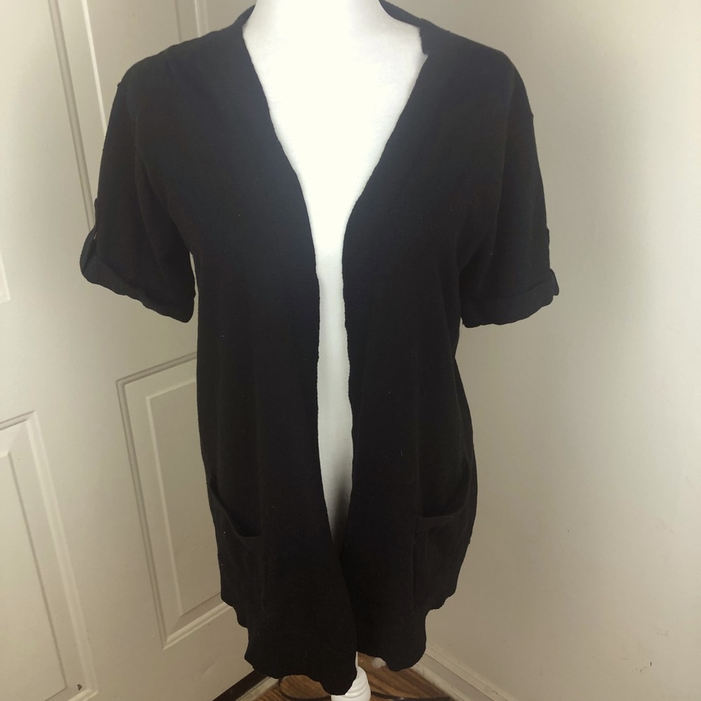 Small LOFT Mid-Length Short-Sleeve Black Open Cardigan with Pockets